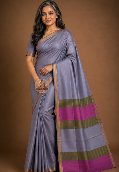 Front view of woman wearing Bishnupur Katan Silk Saree with chanderi blouse, Diwali festive gifting occasion