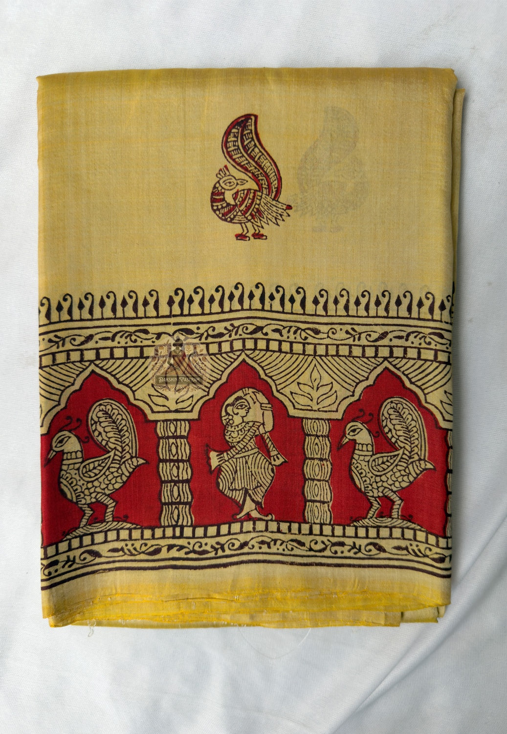 Full flat-lay of Bishnupur Pure Katan Silk Saree with matching blouse piece, handloom bridal Bengal