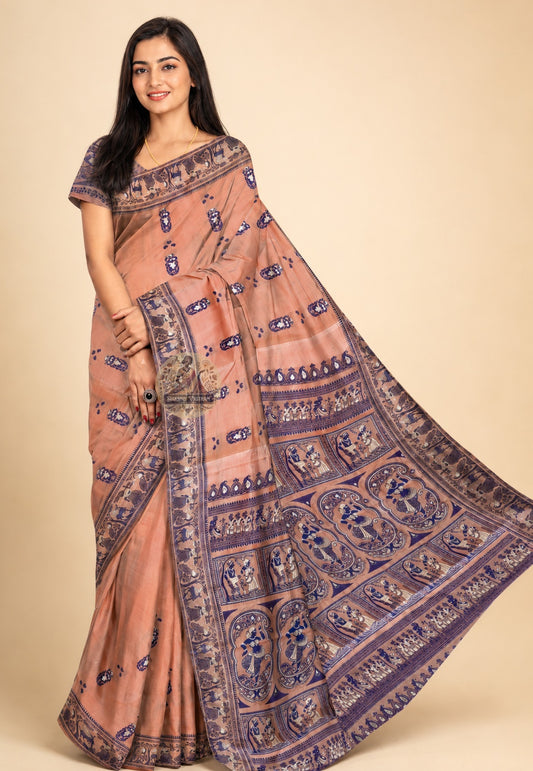 Front view of Copper Peach Baluchari Silk Saree handwoven in Bengal, showcasing mythological motifs on the pallu and rich copper-peach silk drape
