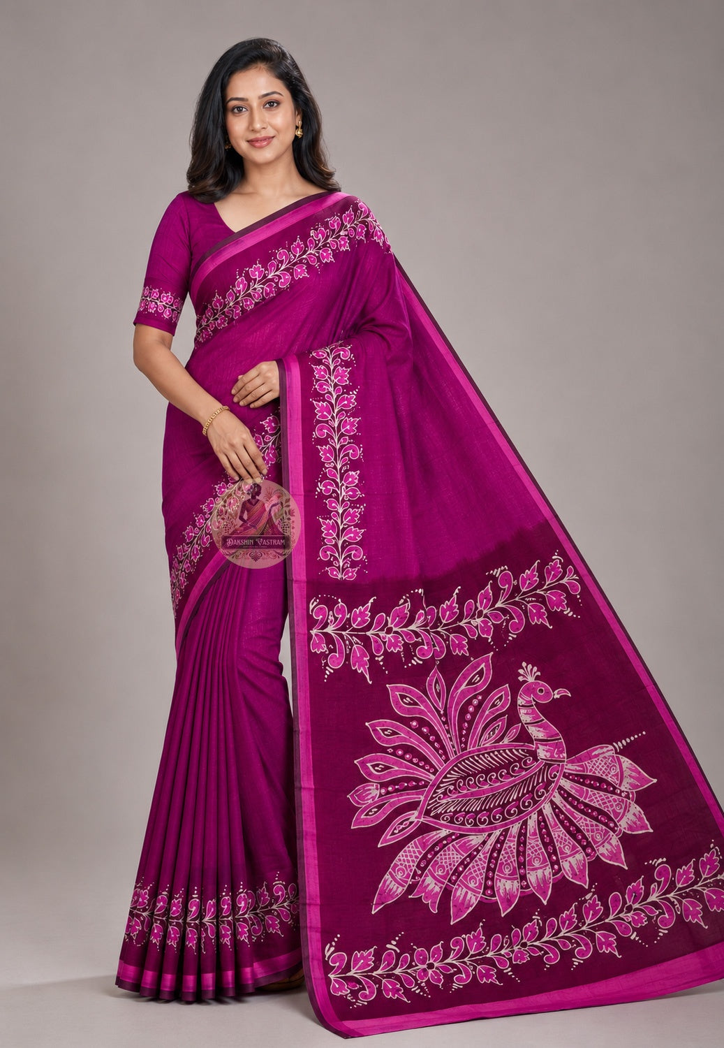 Front view of Bishnupur pure Katan silk saree with handwoven Bengal motifs, draped for Indian wedding reception