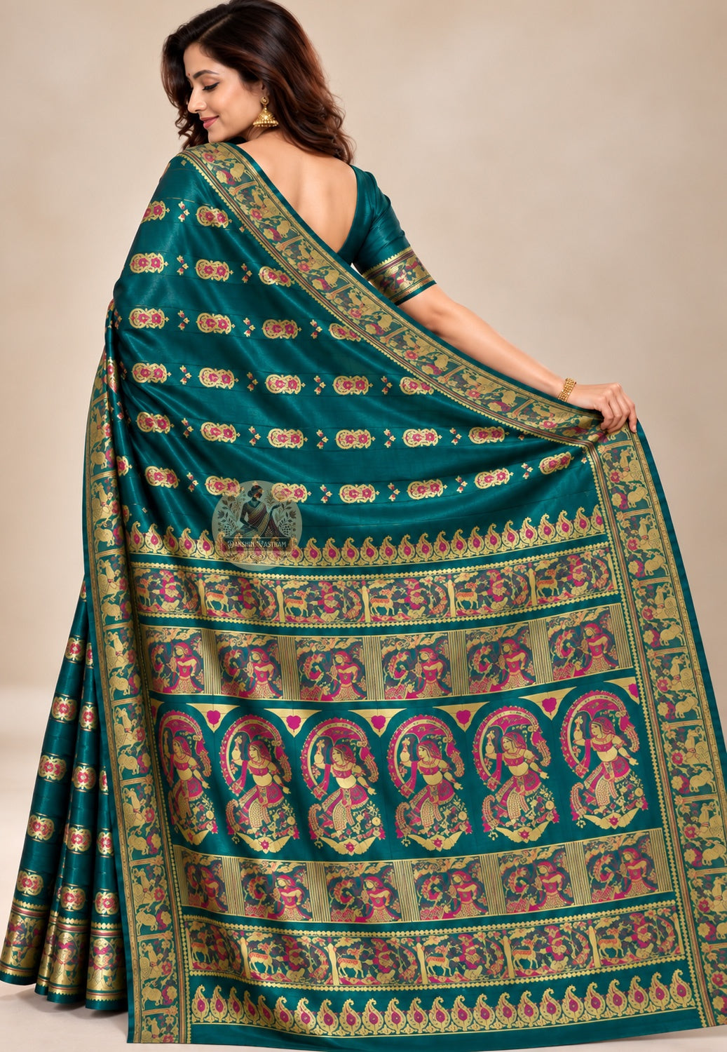 Side view of peacock-green Baluchari silk saree showing flowing folds and a patterned border