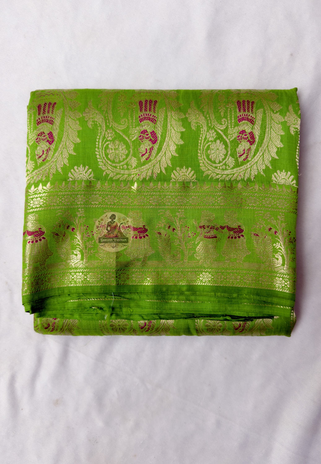 Full flat-lay of Swarnachari Pure Katan Silk Saree with matching blouse piece golden zari Dashami vidai farewell Bishnupur Bengal
