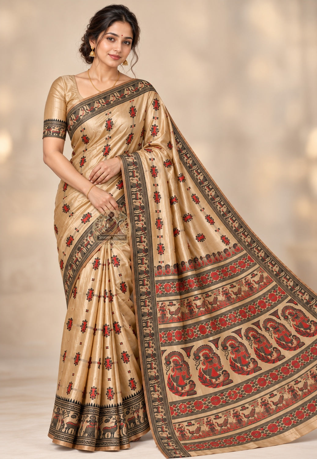 Front view of beige Baluchari silk saree with red motifs and dark patterned borders