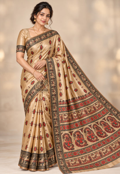 Front view of beige Baluchari silk saree with red motifs and dark patterned borders