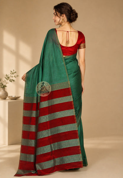Bishnupur handwoven silk saree with intricate heritage border motifs inspired by Bengal's terracotta temple art, perfect for Durga Puja in USA