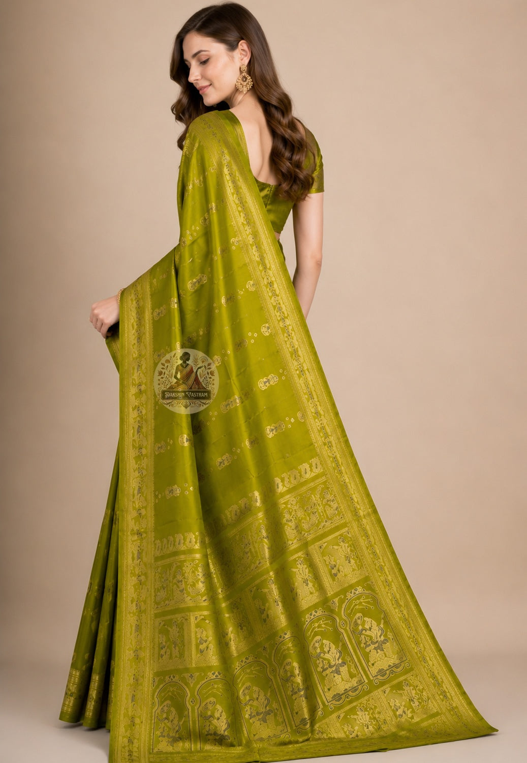 Side view of Swarnachari Pure Katan Silk Saree showing Saptami evening drape and golden zari lotus medallion handloom border