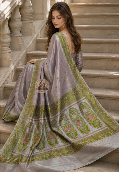 Side view of Baluchari Pure Silk Saree showing composed grand drape and conch shell procession handloom border Bishnupur Bengal