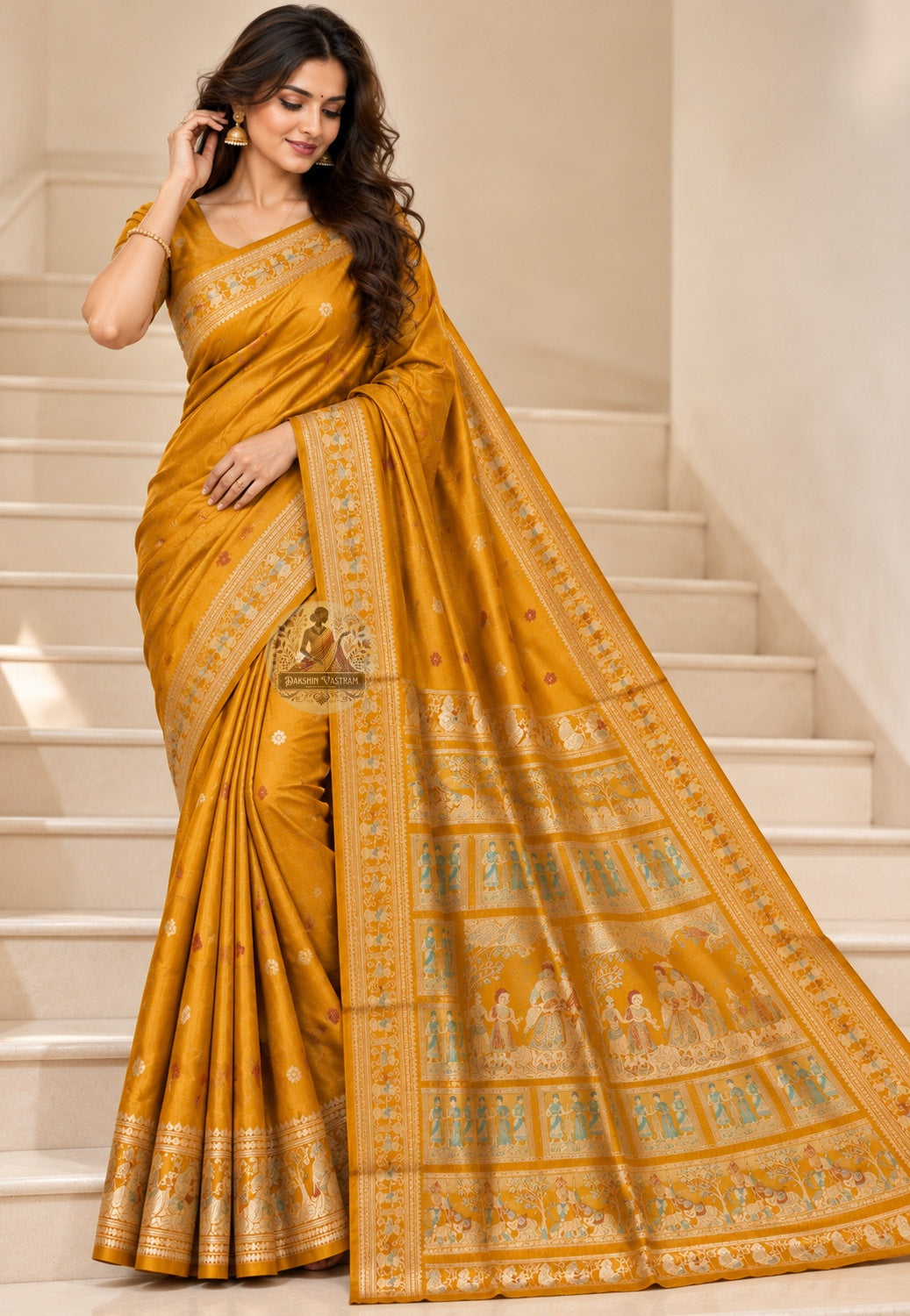 Side view of mustard-gold Swarnachari silk saree showing the flowing drape and broad decorative border
