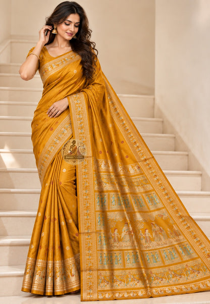 Side view of mustard-gold Swarnachari silk saree showing the flowing drape and broad decorative border