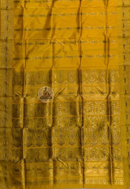 Close-up of pure golden zari mythology motifs handwoven by West Bengal artisan weavers on Swarnachari silk saree