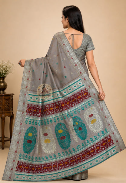 Rear view of Baluchari Pure Silk Saree displaying the richly handwoven legacy pallu with mythology scenes from the Mahabharata, Ramayana, and Nawabi courts woven directly into premium pure Bengal silk