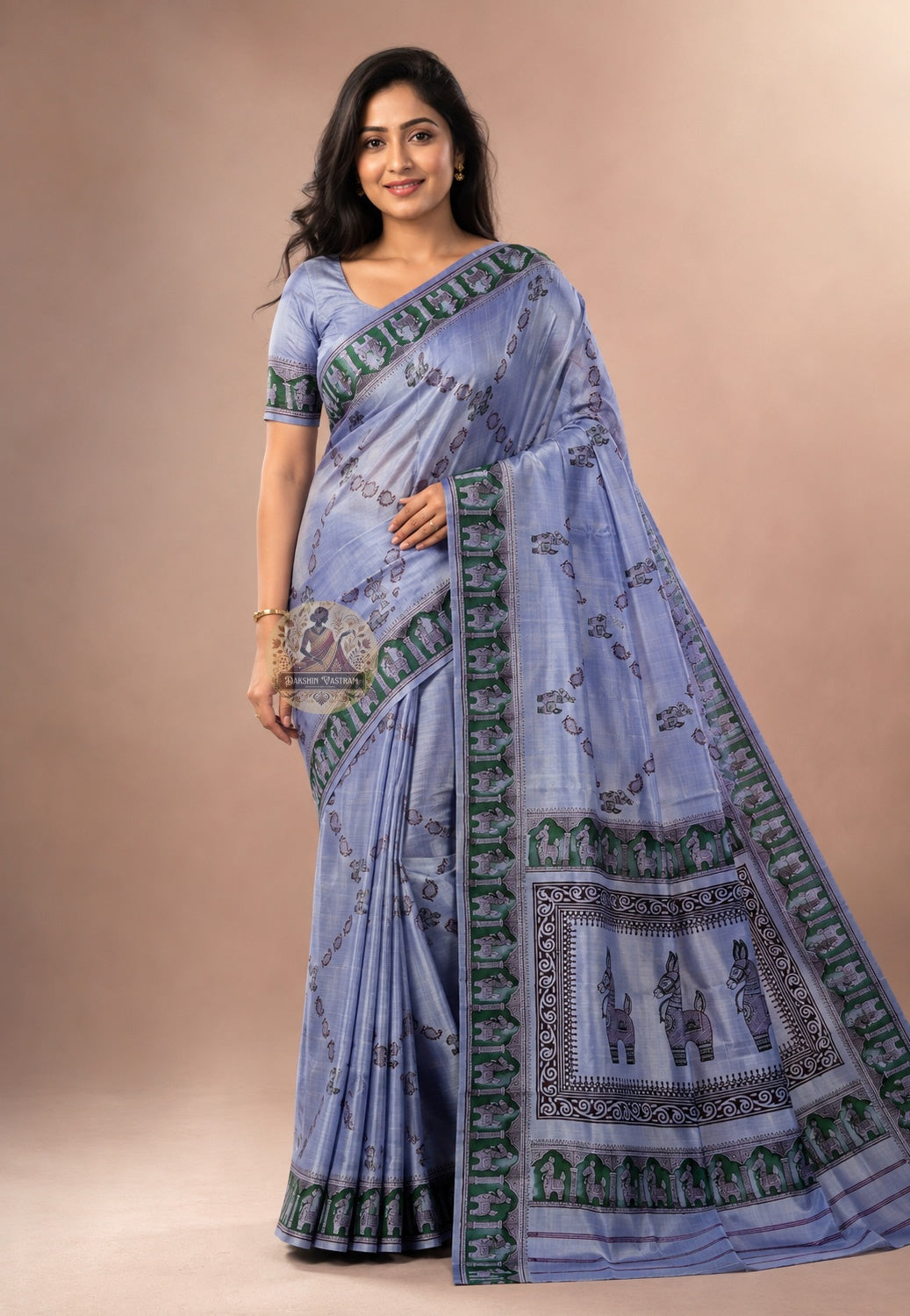 Front view of Bishnupur Katan Silk Saree with handwoven conch shell and geometric vine motifs, West Bengal