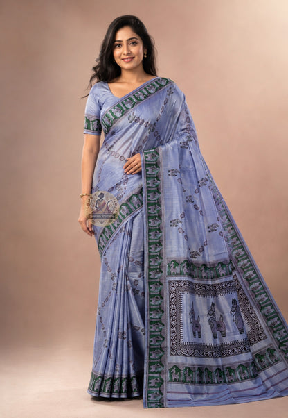 Front view of Bishnupur Katan Silk Saree with handwoven conch shell and geometric vine motifs, West Bengal