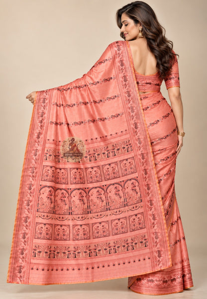 Side view of Swarnachari pure silk mythology saree displaying natural soft drape and golden zari luminescence for Indian wedding receptions and Durga Puja occasions