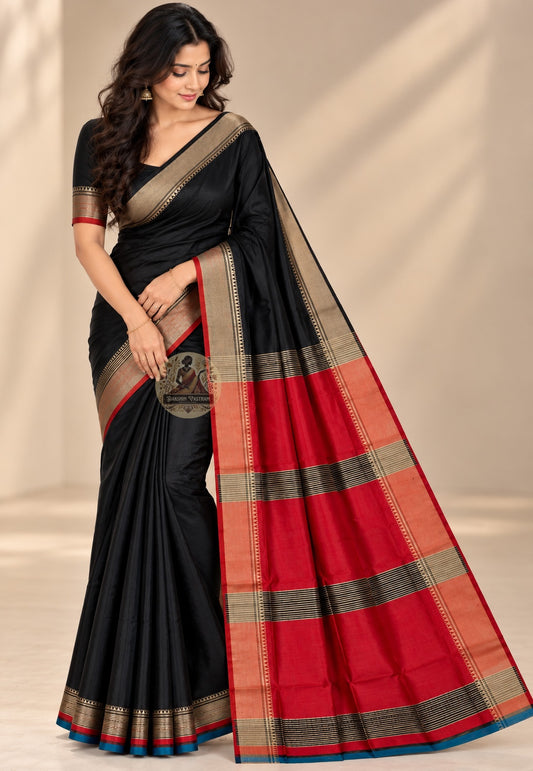 Front view of Bishnupur collector's Katan silk saree with authentic Bengal heritage motifs, handwoven on traditional pit loom in West Bengal