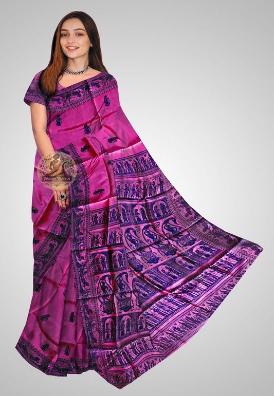 Front side view of Handloom Baluchari Saree with intricate traditional designs and luxurious fabric
