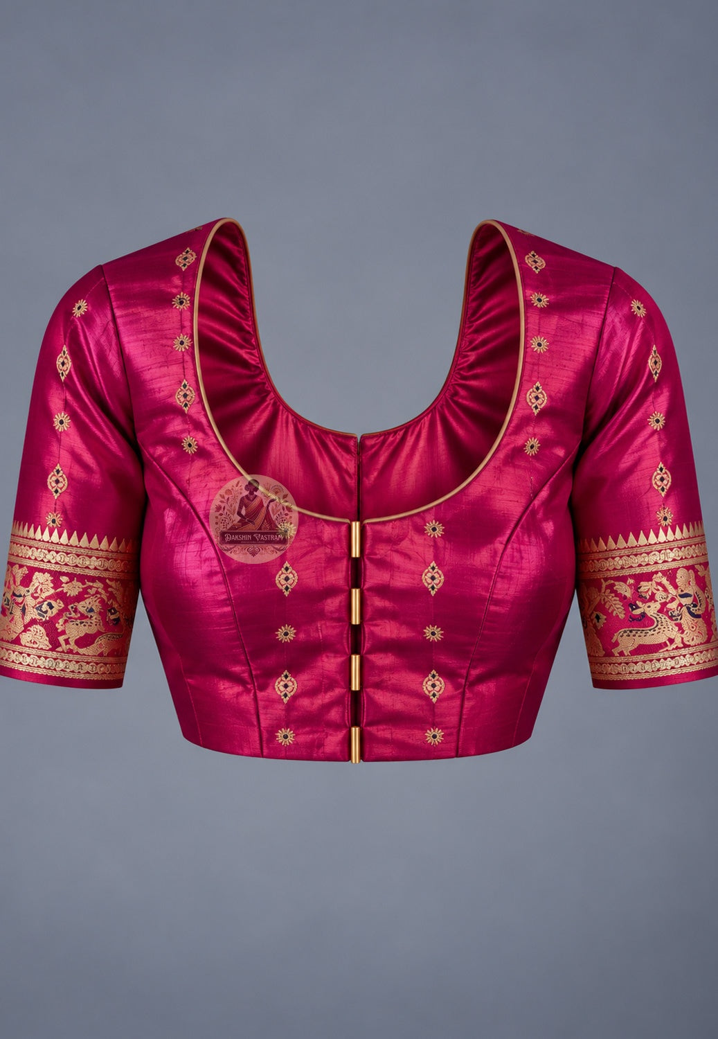 Matching blouse piece included with Swarnachari pure silk story golden zari saree, pre-woven in the same Swarnachari silk by West Bengal handloom artisan weavers in Bishnupur