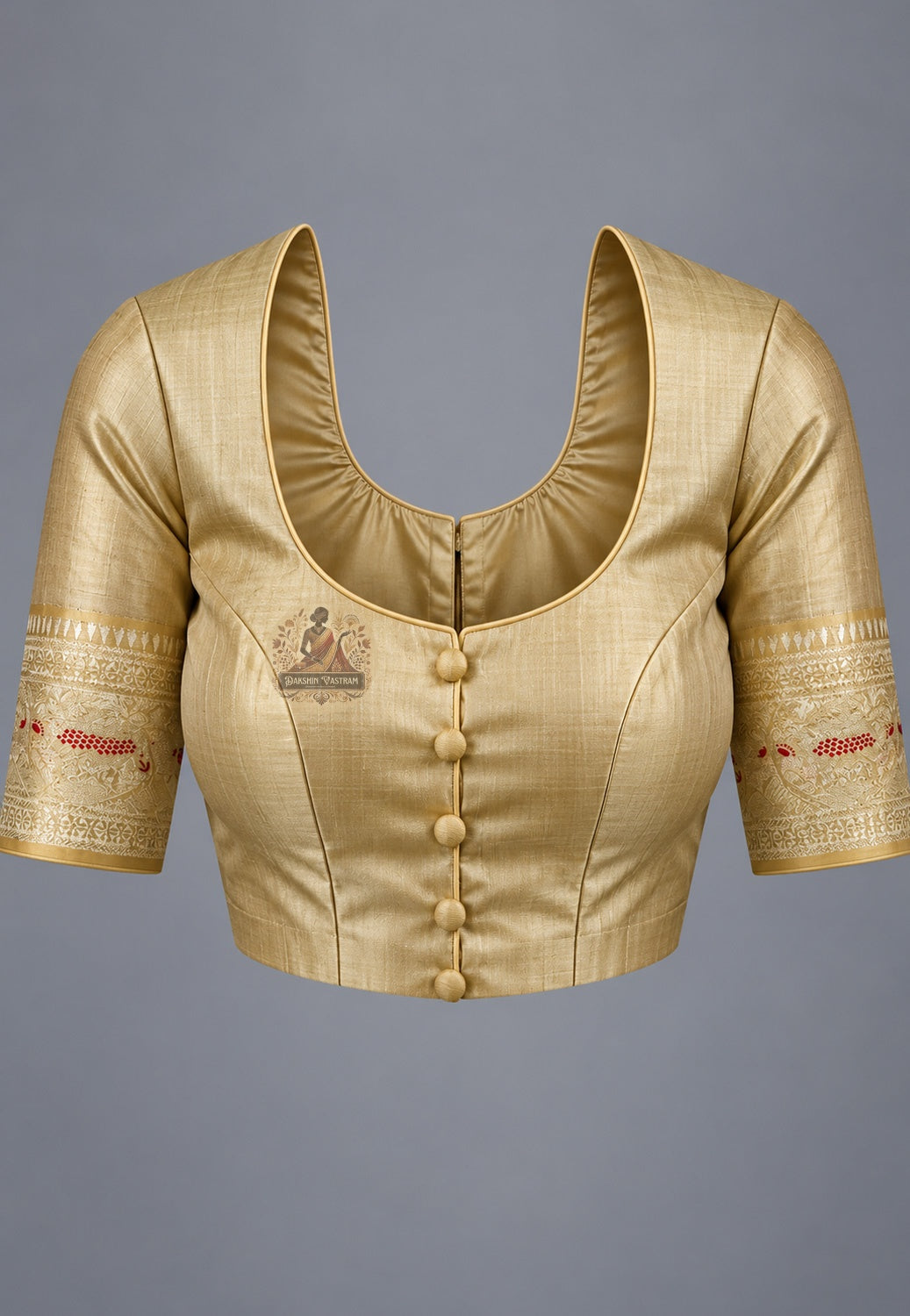 Blouse paired with beige gold Swarnachari silk saree in a coordinating warm neutral shade