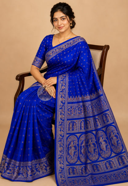 Side view of Swarnachari Bengal silk saree showing golden zari border drape and lightweight silk fall