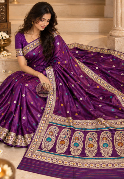 Front view of Bishnupur Baluchari pure silk prestige saree with master-woven mythological narrative motifs, handloom by Bankura artisan weavers West Bengal