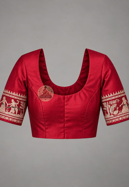 Matching maroon blouse piece included with Bishnupur Baluchari bridal silk saree, pre-matched and handwoven in West Bengal