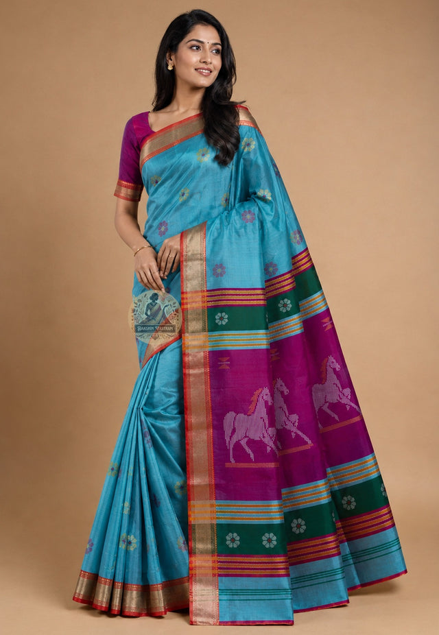 Front view of Bishnupur Katan Silk Saree with handwoven ribbon weave stripe and chameli jasmine buti motifs West Bengal