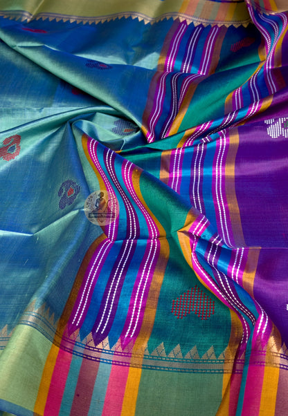 Full flat-lay of Bishnupur Pure Katan Silk Saree with matching blouse piece handloom Dashami farewell 2026 Bengal