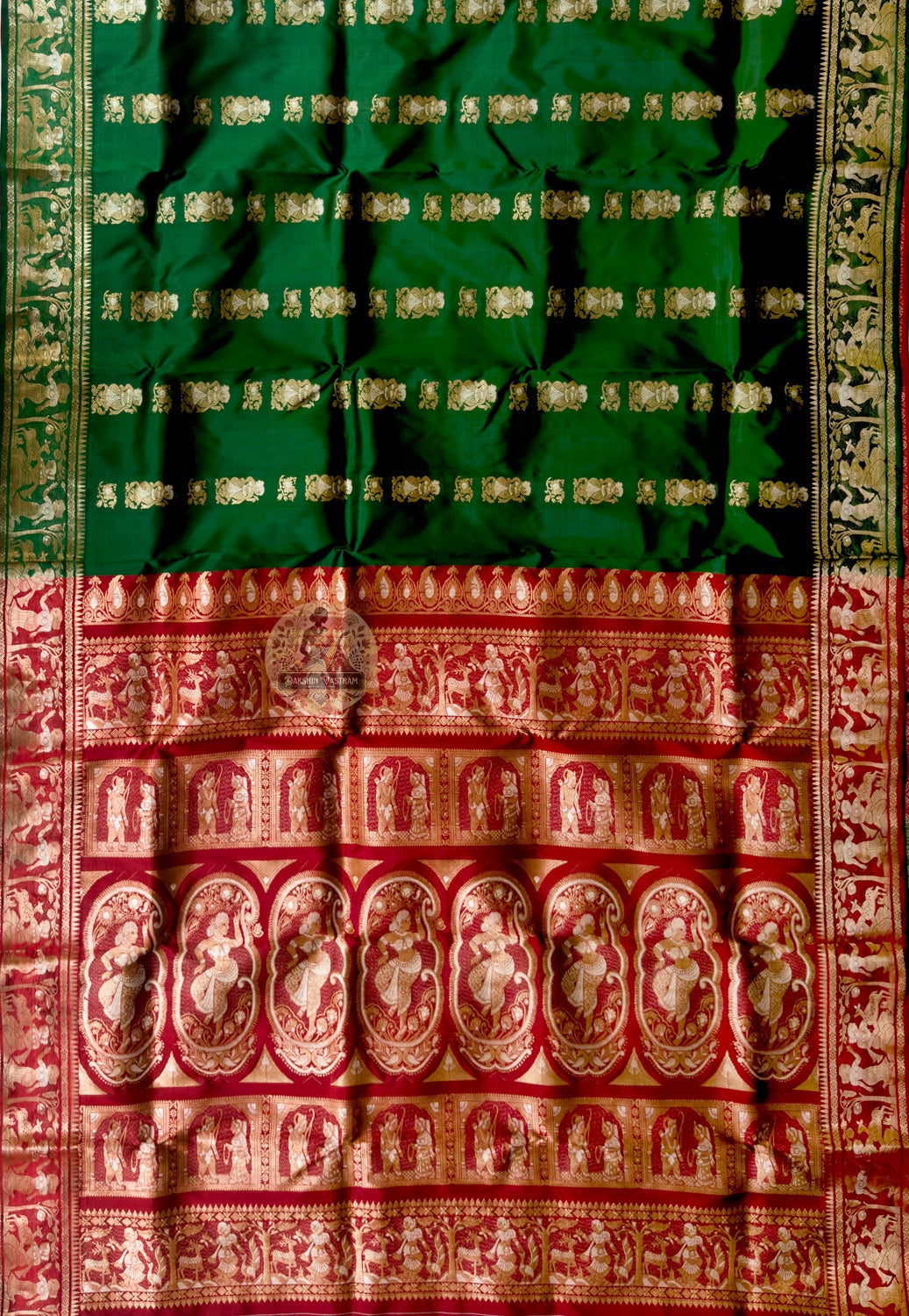 Side view of Swarnachari handloom silk saree showing golden zari craft border and warm pure silk drape with natural handloom texture, West Bengal weave