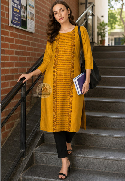 Front view of Baluchari Silk Kurti Piece with hand block print swirling kalka paisley repeat and dotted wave border Bishnupur West Bengal