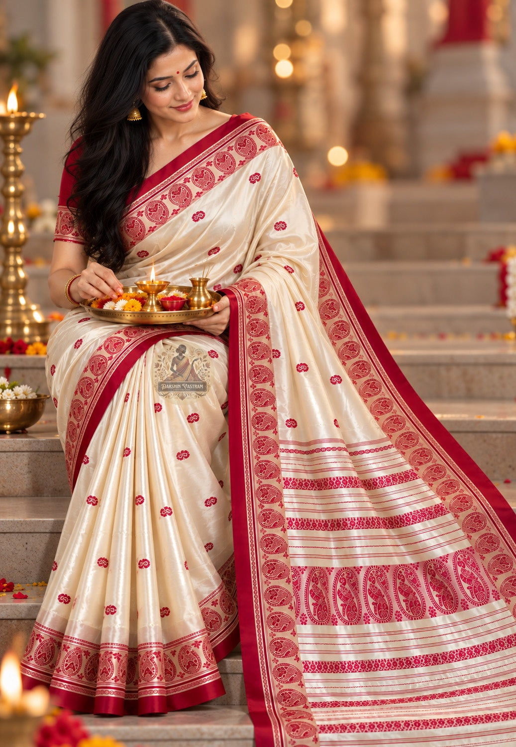 Front view of Bishnupur Garad silk saree showing warm natural ivory drape and traditional Bengal woven border for festive and cultural occasions