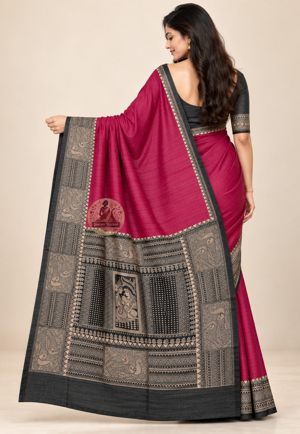 Side view of Ghicha Tussar pure silk trousseau handloom saree displaying natural earthy drape and matte luminous finish for wedding receptions and festive occasions
