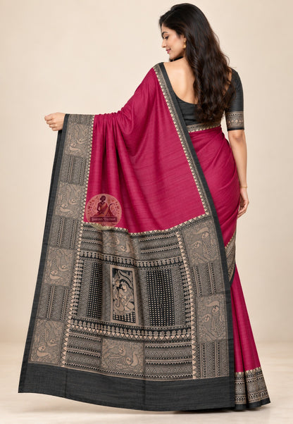 Side view of Ghicha Tussar pure silk trousseau handloom saree displaying natural earthy drape and matte luminous finish for wedding receptions and festive occasions