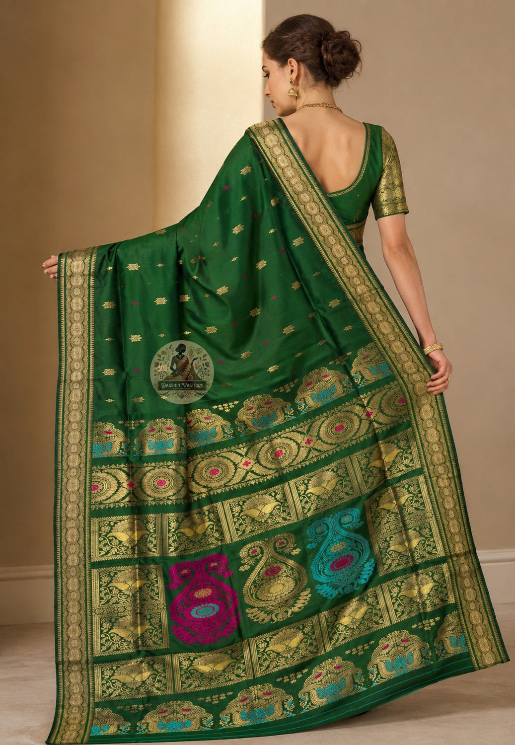 Front view of woman in Swarnachari pure silk saree, traditional Bengali drape with golden zari pallu carrying what Bengal's weaving tradition has witnessed over left shoulder