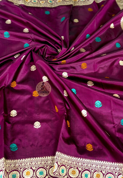 Full saree view of Bishnupur Baluchari heirloom pure silk saree with matched blouse piece, crafted over weeks by master weavers in West Bengal