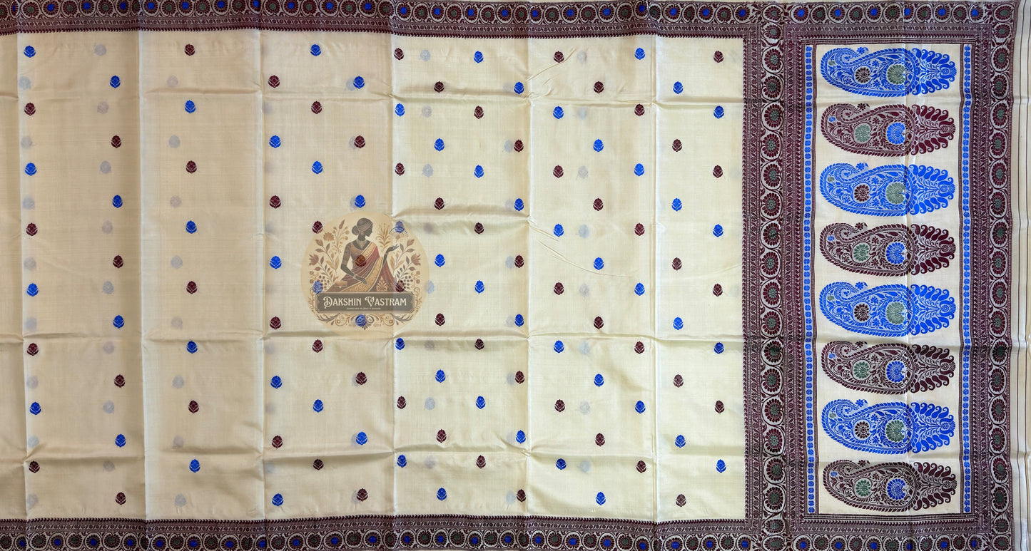 Macro close-up of individual hand-woven mythological motif on masterpiece Baluchari Silk Saree by Dakshin Vastram, each figure woven with devotion thread by thread on the handloom