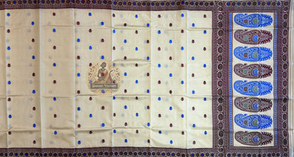 Macro close-up of individual hand-woven mythological motif on masterpiece Baluchari Silk Saree by Dakshin Vastram, each figure woven with devotion thread by thread on the handloom