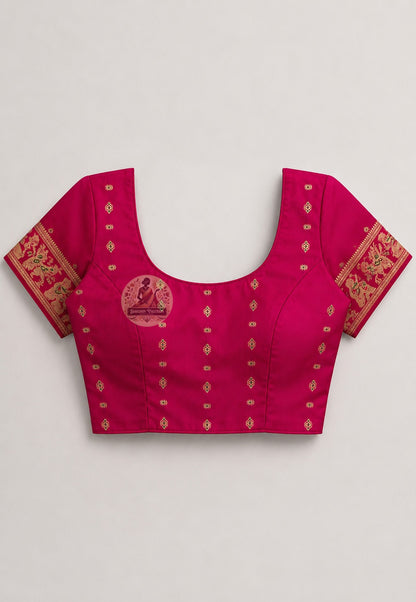 Blouse piece of Swarnachari handloom silk saree with golden zari detailing, Bengal silk, Indian wedding occasion