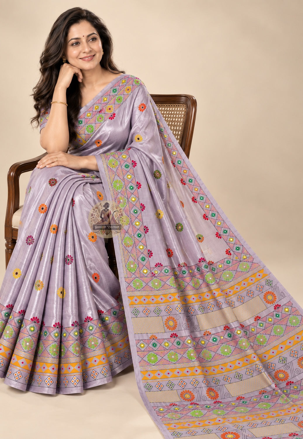 Front view of deep saffron Bishnupur Kantha Silk Saree with Radha Krishna kadamba tree border and champak blossom buti field Bishnupur Bengal