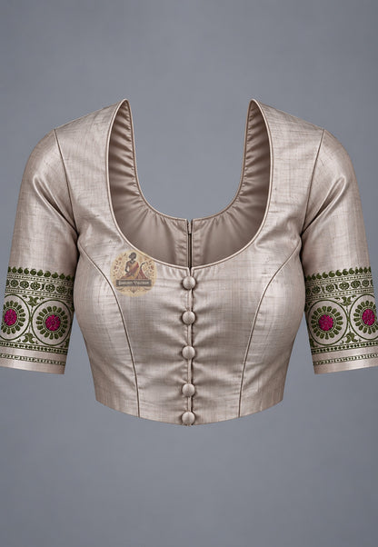 Blouse paired with taupe Baluchari silk saree, featuring pink motifs and patterned sleeve borders