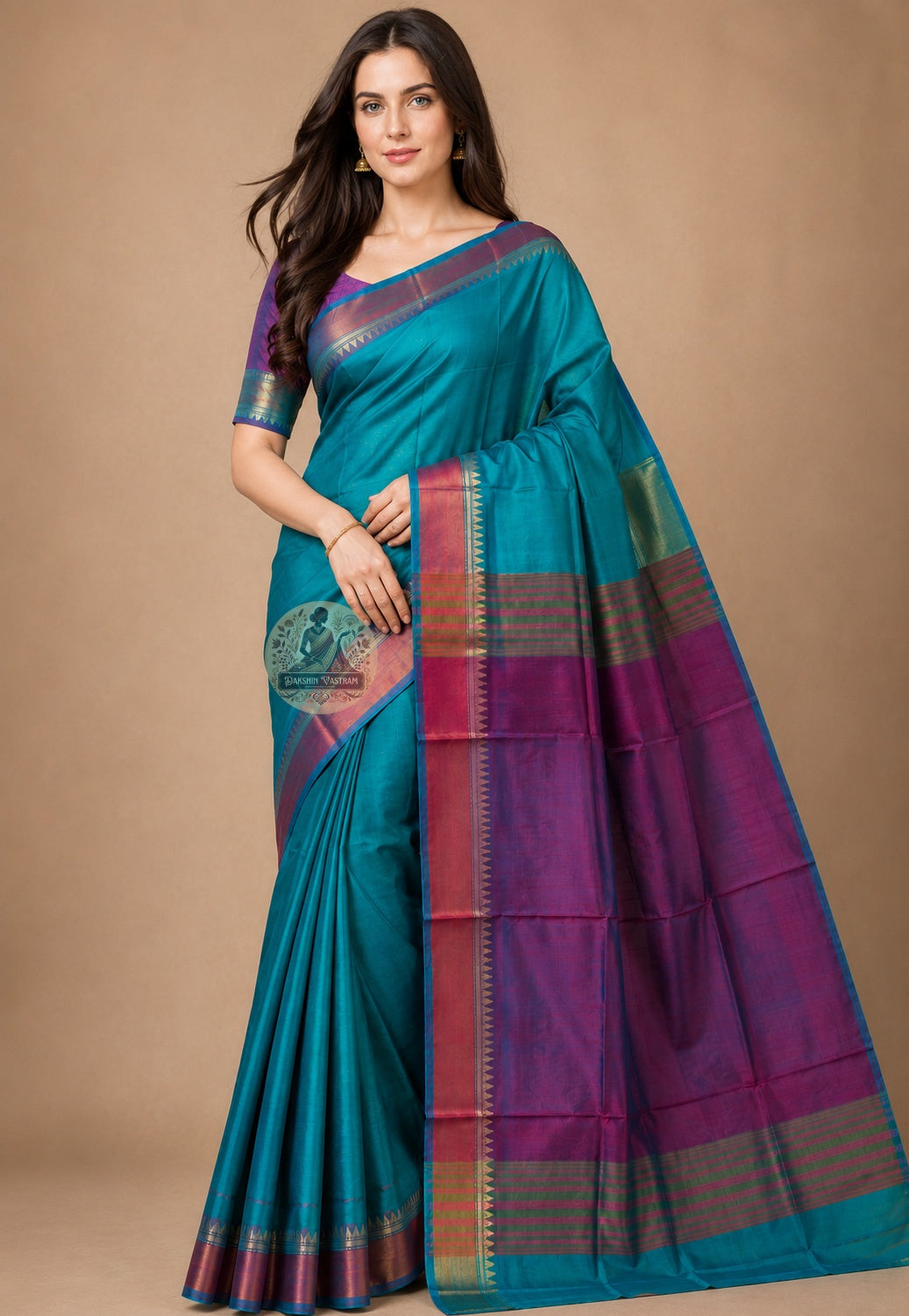 Front view of Bishnupur Pure Katan Silk Saree with handwoven Bankura motifs, West Bengal
