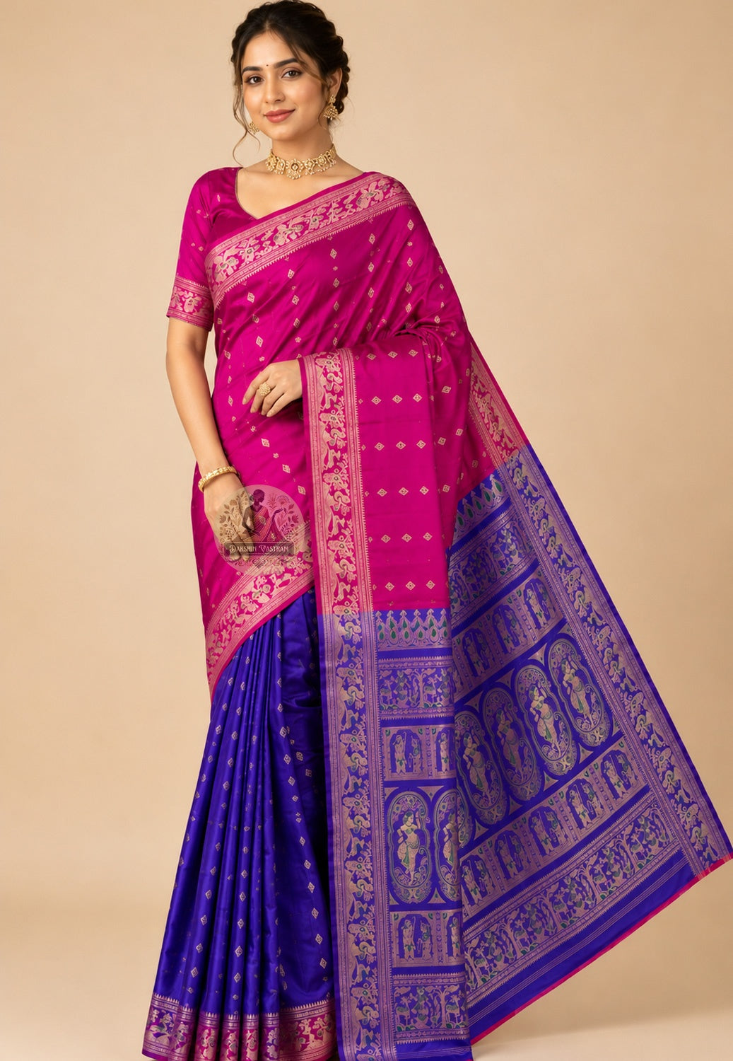 Side view of Bengal Swarnachari handloom silk saree showing golden zari border and fluid silk drape, festive wear