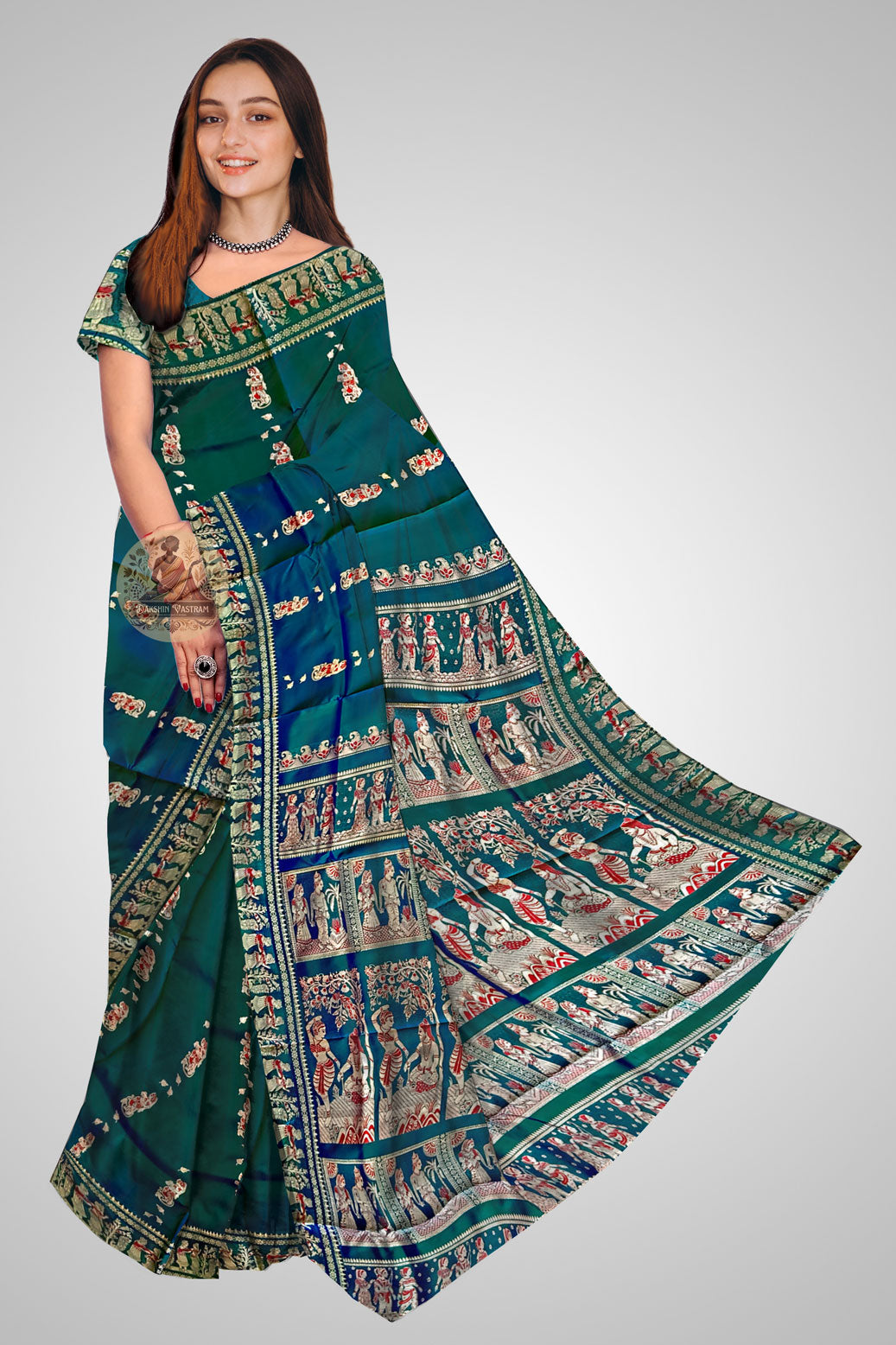 Buy Baluchari Silk Saree online – Handwoven saree front view with motif design
