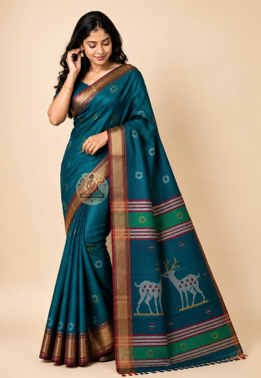 Front view of woman wearing Bishnupur Katan Silk Saree with silk blouse Durga Puja Ashtami sindoor khela Kolkata 2026