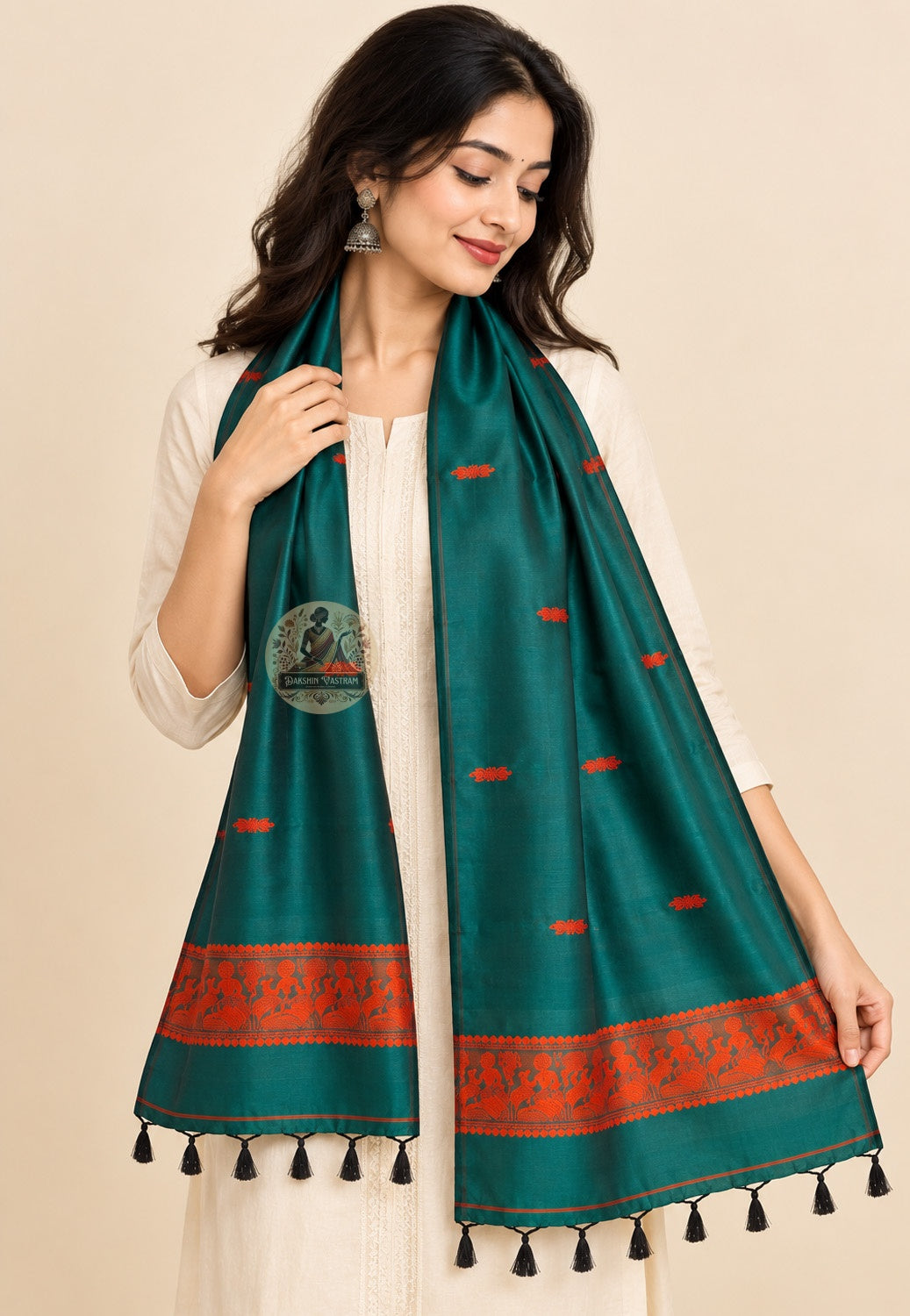 Front view of Bishnupur Baluchari pure silk artisan stole with mythological narrative motifs, handwoven by living craft community weaver families in West Bengal