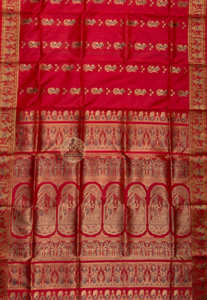 Side view of Swarnachari handloom silk saree showing golden zari border proportion and warm pure silk drape, West Bengal pit-loom weave