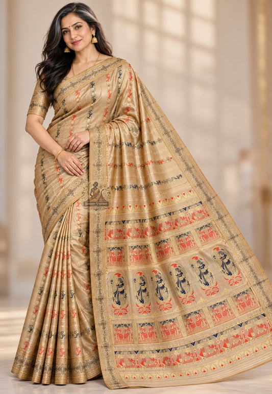 Front view of champagne gold Swarnachari silk saree with coral and dark-toned motifs