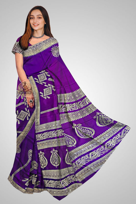 Buy Pure Silk Block Print Saree online – Front view of hand-printed silk