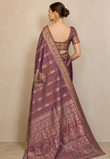 Rear view of Swarnachari silk saree with pure golden zari motifs and pallu draped over the shoulder