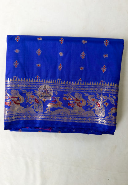 Close-up of pallu of Bishnupur royal blue Swarnachari saree showing dense gold zari narrative motifs woven by Bankura artisan weavers
