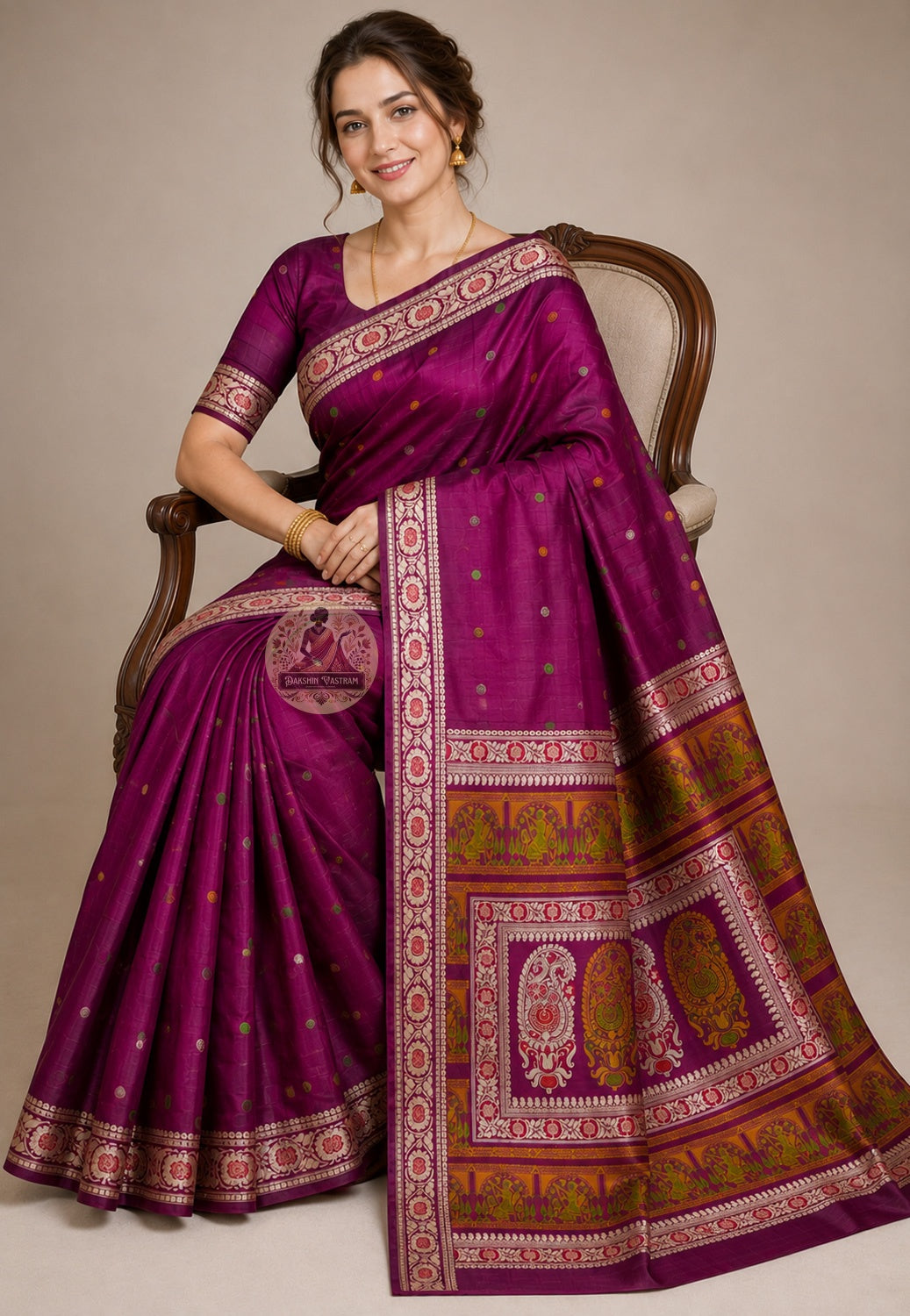 Side view of premium Baluchari Silk Saree displaying the graceful fluid fall of pure Bengal silk, handwoven by a master weaver in Bishnupur for weddings and cultural celebrations across UK, USA, EU and India — a saree that changes how you move through the world